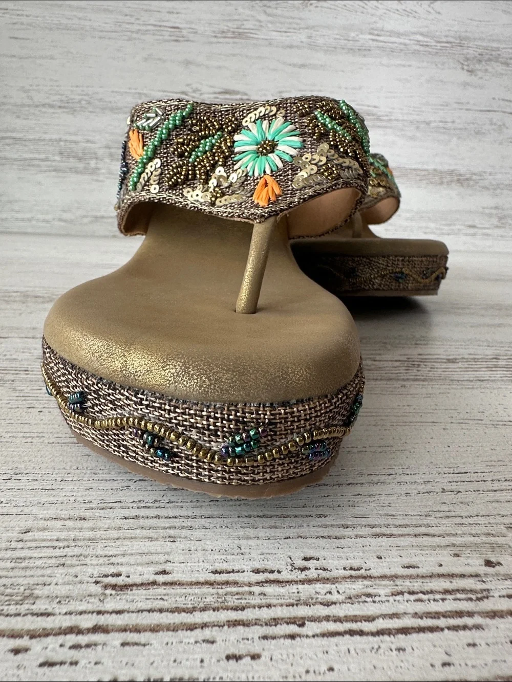 NWOT Beaded Sequin 3D Floral Platform Wedge Sandals 41 Butterfly Mixed Media